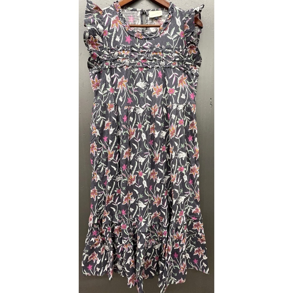 Womens Midi Dress L Blue Floral Colorful Ruffle‎ Milkmaid Feminine Cottagecore